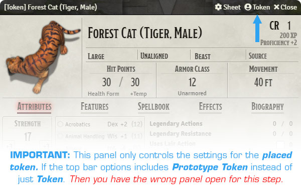 IMPORTANT: This panel only controls the settings for the placed token. If the top bar options includes Prototype Token instead of just Token. Then you have the wrong panel open for this step. IMPORTANT: This panel only controls the settings for the placed token. If the top bar options includes Prototype Token instead of just Token. Then you have the wrong panel open for this step.